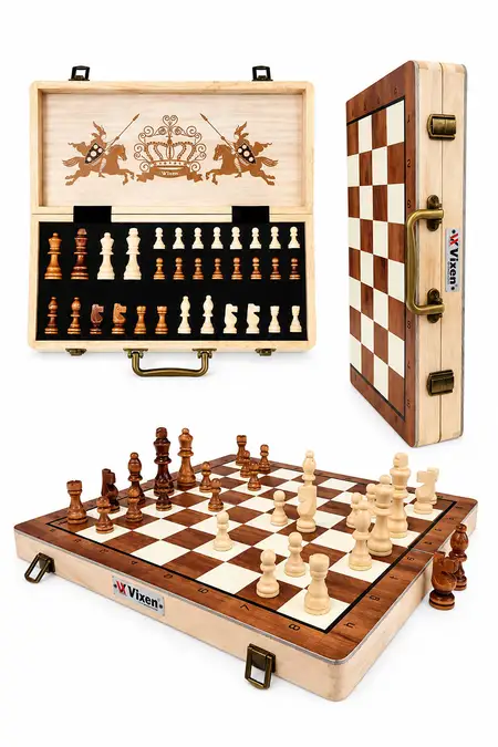 Vixen Magnetic Foldable Wooden Chess Board Set with Pine Wood Pieces