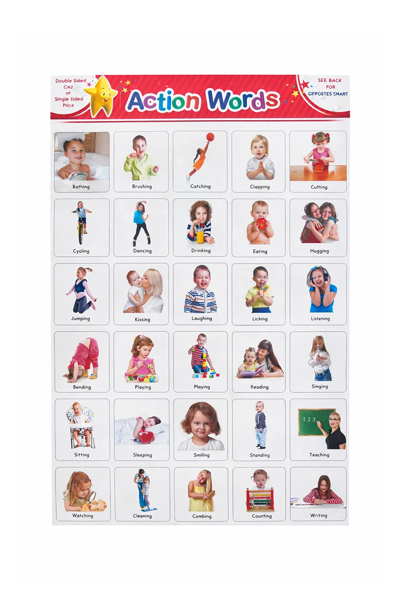 Opposites & Action Words Double-Side Educational Chart for kids - 1pc