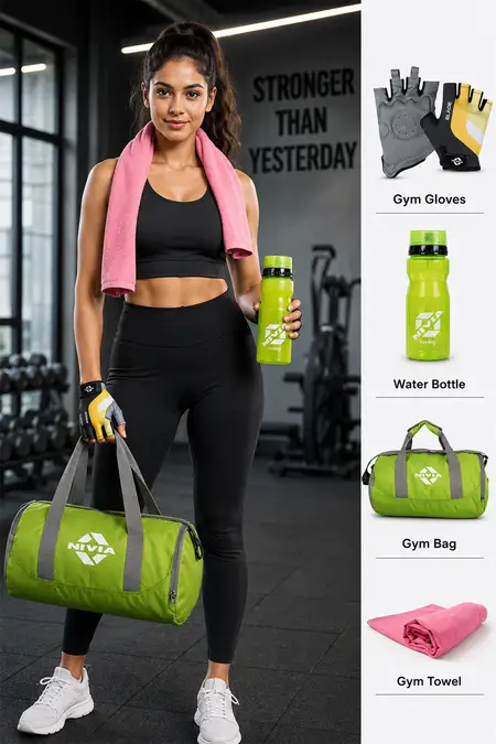 Nivia Gym Bag, Fitness Gloves, Sipper & Towel Combo - Pack of 4