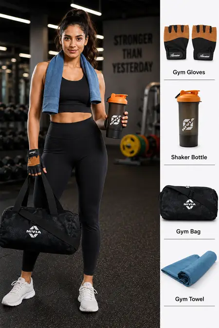 Nivia Duffle Gym Bag, Gloves, Shaker & Gym Towel Combo - Pack of 4