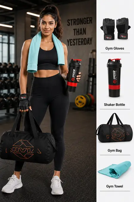 Nivia Gym Bag, Gloves, 500ml Shaker & Towel Combo - Pack of 4