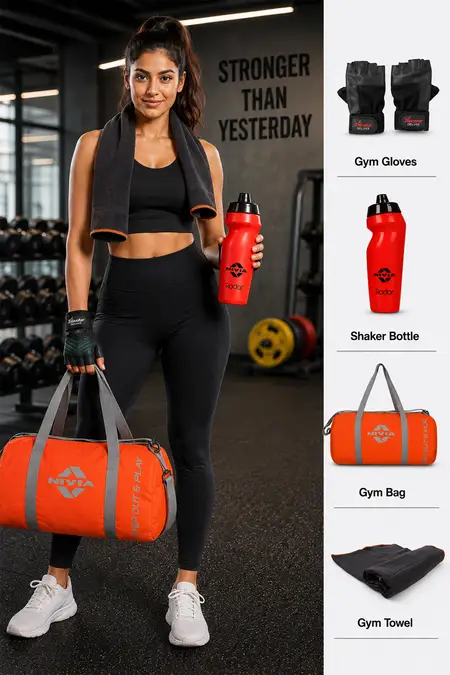 Nivia Enfold Gym Bag, Gloves, Sipper & Towel Combo - Pack of 4