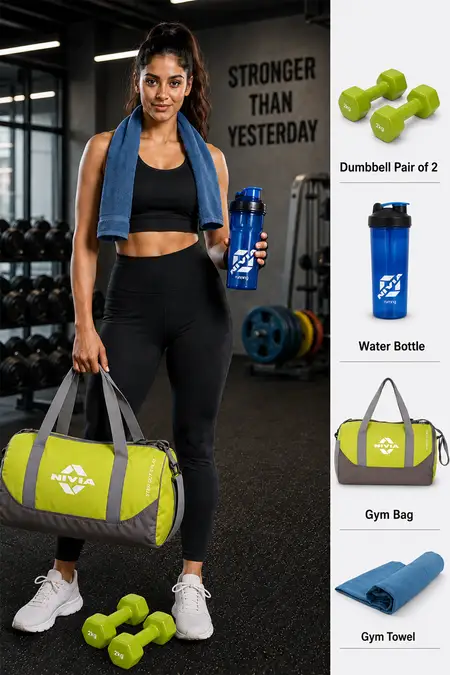 Nivia Gym Bag, Dumbbell Pair, Sipper & Towel Combo - Pack of 4