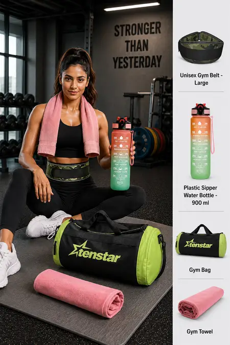 Gym Bag, Gym Belt, 1000ml Water Bottle & Towel Combo - Pack of 4
