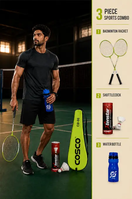 Cosco Badminton Set, Shuttlecocks & 800ml Sipper Combo - Pack of 3