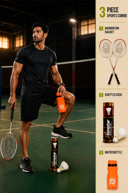 Cosco Twin Racquet Set, Shuttlecocks & 800ml Sipper Combo - Pack of 3