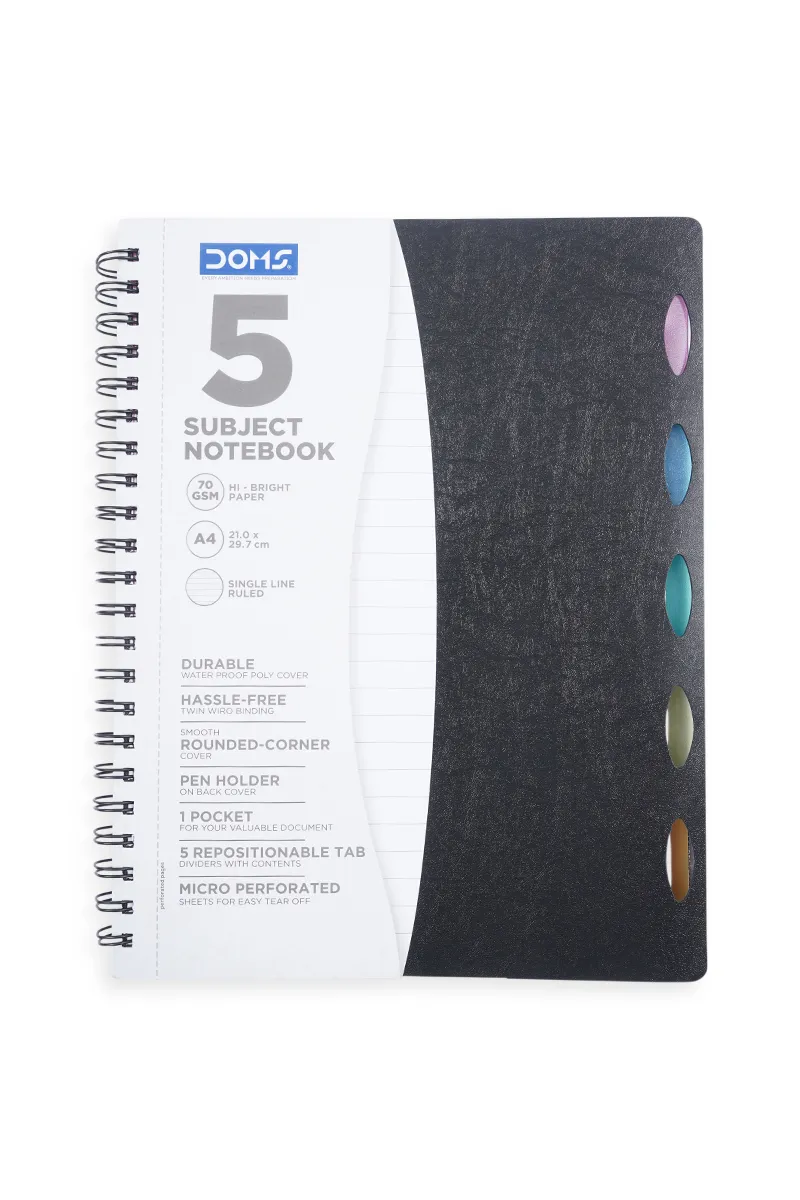 Doms Wiro Binding 5 Subject Notebook, 300 Pages - Pack of 1,Black