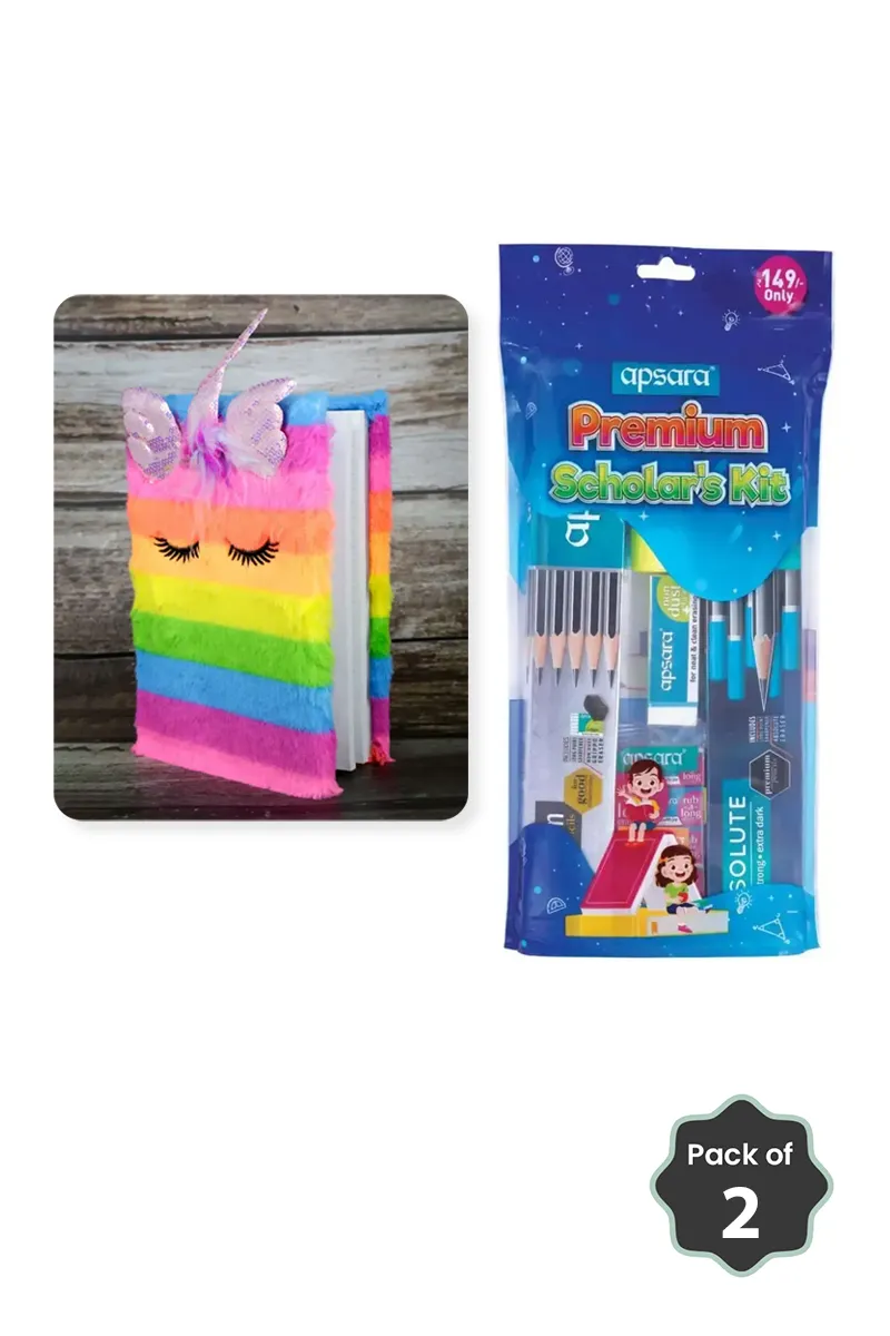 Apsara Premium Scholars Kit & Pastel Rainbow Unicorn Fur Diary Combo 
