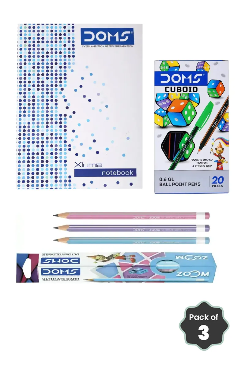 Doms Xlumia Notebook + Cuboid Ball Pens + Ultimate Dark Zoom Pencils Combo