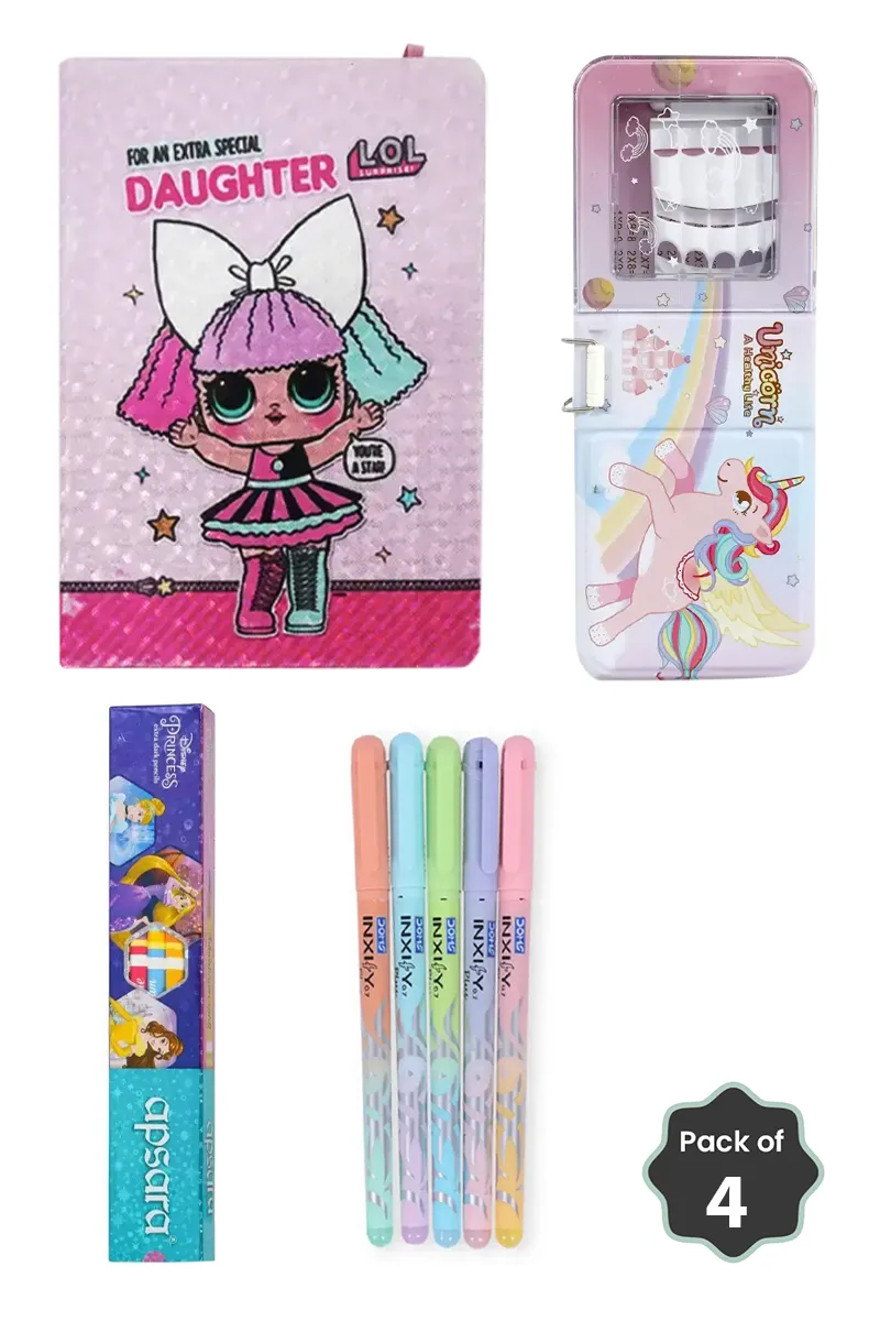 Mermaid & Disney Princess Stationery Combo (Pencil Box + Notebook + Pencils + Ball Pens)