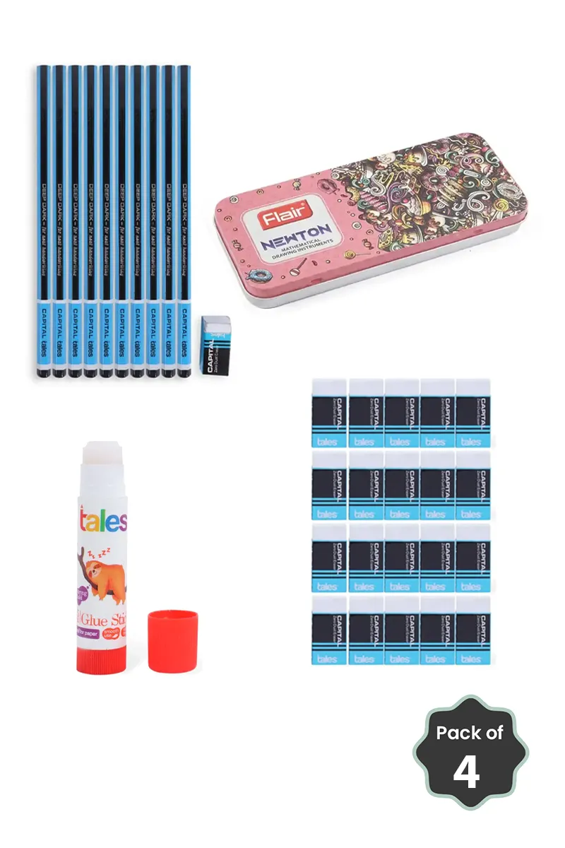 Tales Super Dark Pencils + Capital Zero Dust Erasers + Flair Newton Geometry Box + Glue Stick Combo