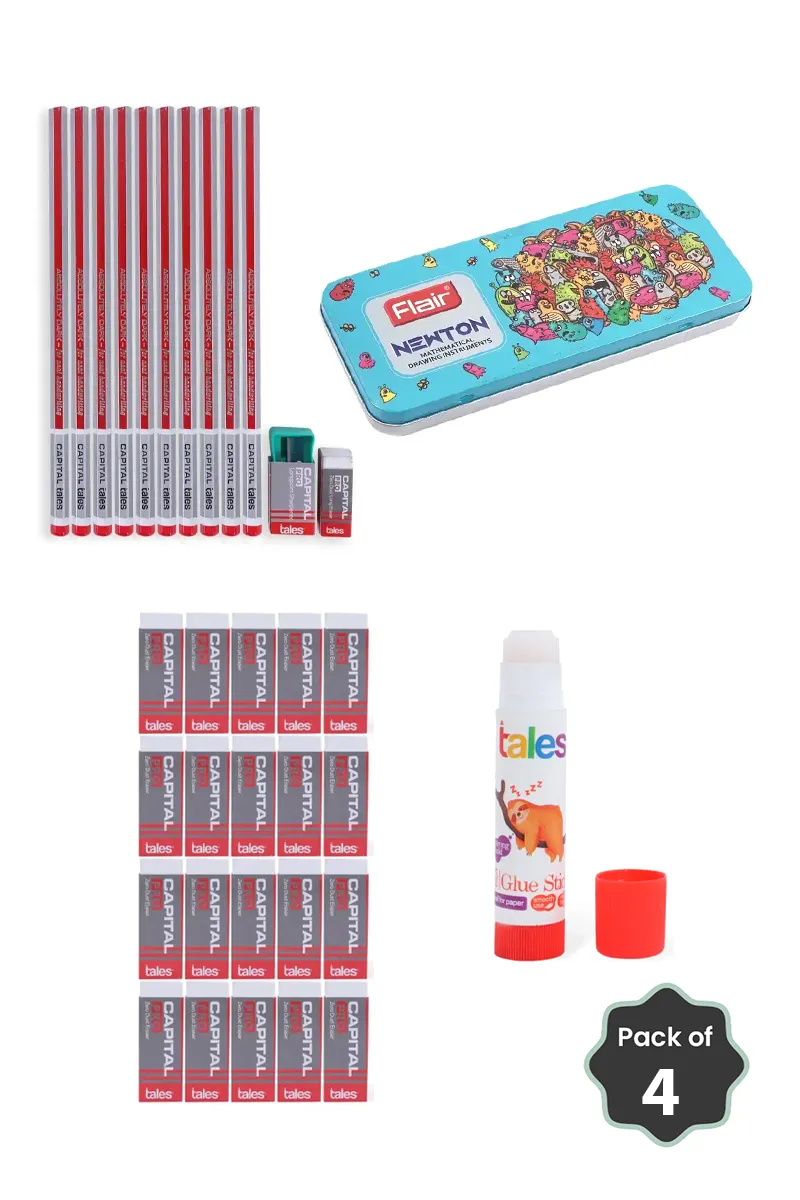 Tales Capital Pro Super Dark Pencils + Capital Erasers + Flair Newton Geometry Box + Glue Stick Combo