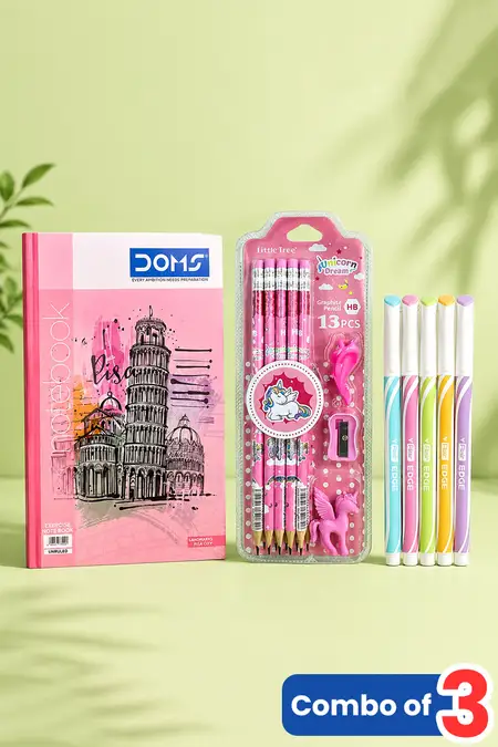 Stationery Starter Combo, Unruled Notebook, Ball Point Pen and Pencil Set - Combo of 3