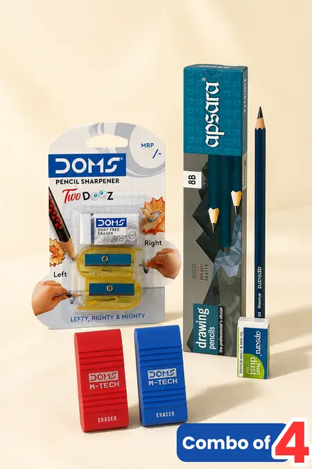 Stationery Starter Combo, Drawing Pencil, Sharpener and Eraser - Combo of 4