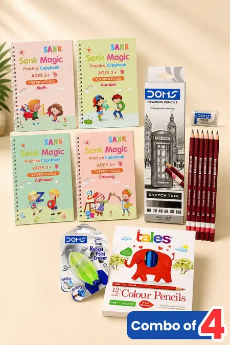 Stationery Starter Combo, Magic Practice Kit, Drawing Pencil, Color Pencil and Dual Eraser with Shapener - Combo of 4