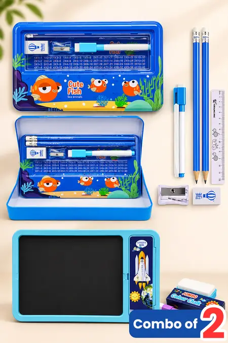 Stationery Starter Combo, Utility Slate Zoo Galaxy Learning Kit and Pencil Case - Combo of 2