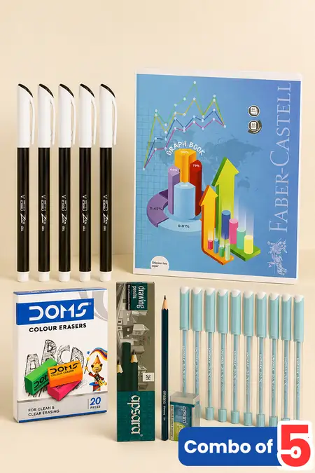 Stationery Starter Combo, Graph Book, Black Gel Pen, Blue Ball Point Pen, Drawing Pencil and Erasers - Combo of 5