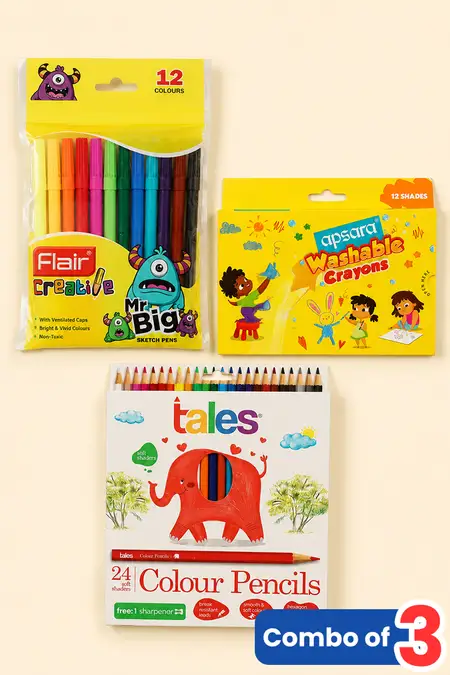 Flair Sketch Pens, Tales Colour Pencils & Apsara Crayons – Combo of 3