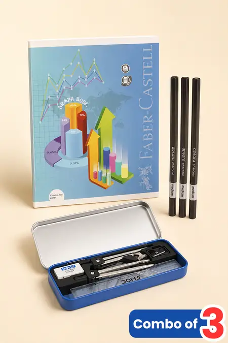 Apsara Charcoal Pencils, Faber-Castell Graph Book & Doms Geometry Box – Combo of 3