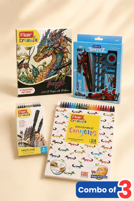 Flair Art Tangle Kit, Erasable Crayons & Doms Speedz Stationery Kit – Combo of 3