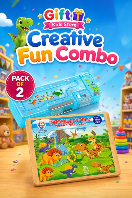 Dinosaur Wooden Puzzle & Dinosaur Pencil Case Combo - Pack of 2