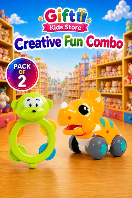 Baby Rattle & Dinosaur Pull Along Toy Gift Combo - Pack of 2