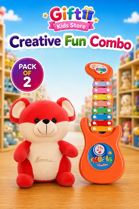 Kids Guitar Xylophone & Fluffy Mouse Soft Toy Combo - Pack of 2