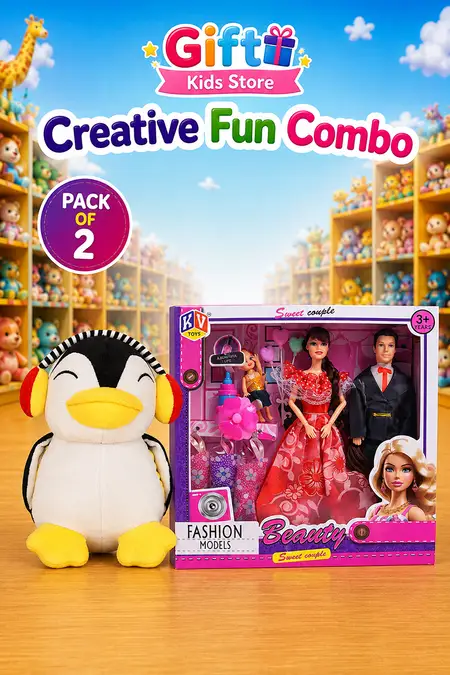 Cool Penguin Soft Toy & Barbie Fashion Doll Couple Combo - Pack of 2