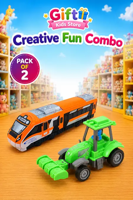 Construction Tractor & Saffron Express Toy Train Combo - Pack of 2