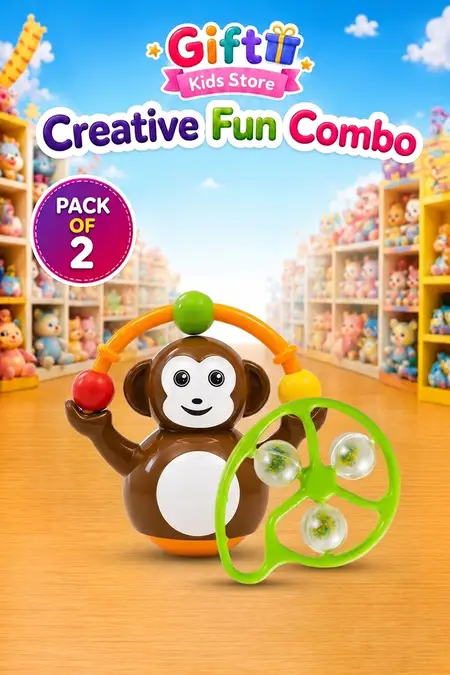 Cute Monkey Push Toy & Giggles Mango Rattle Combo - Pack of 2