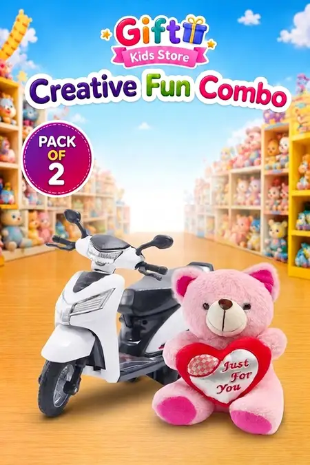 Cute Teddy Bear with Heart & Bestiva Pull Back Scooter Combo - Pack of 2