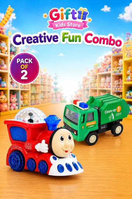 Clean Up City Dumper Truck Toy & Light Train Bump and Go Toy Combo - Pack of 2