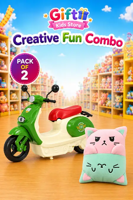 2 In 1 Reversible Teddy Cat Toy & Rocket Scooter for Kids Combo - Pack of 2