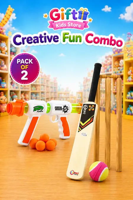 Sports Ball Shooter Gun & Kids Cricket Bat and Ball Combo - Pack of 2