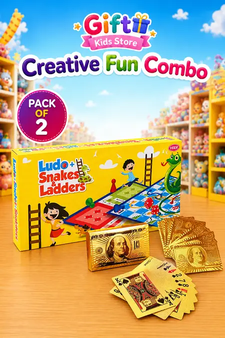 Golden Playing Cards & Ludo Snakes & Ladders Game Combo - Pack of 2