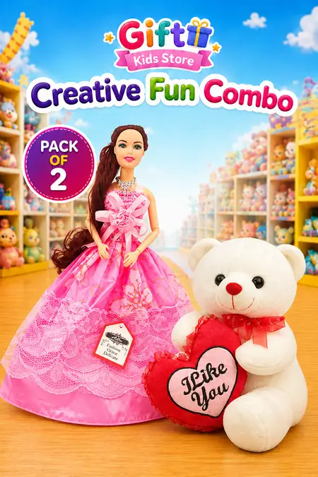 White Heart Teddy Bear & Stylish Movable Barbie Doll Toy Combo - Pack of 2