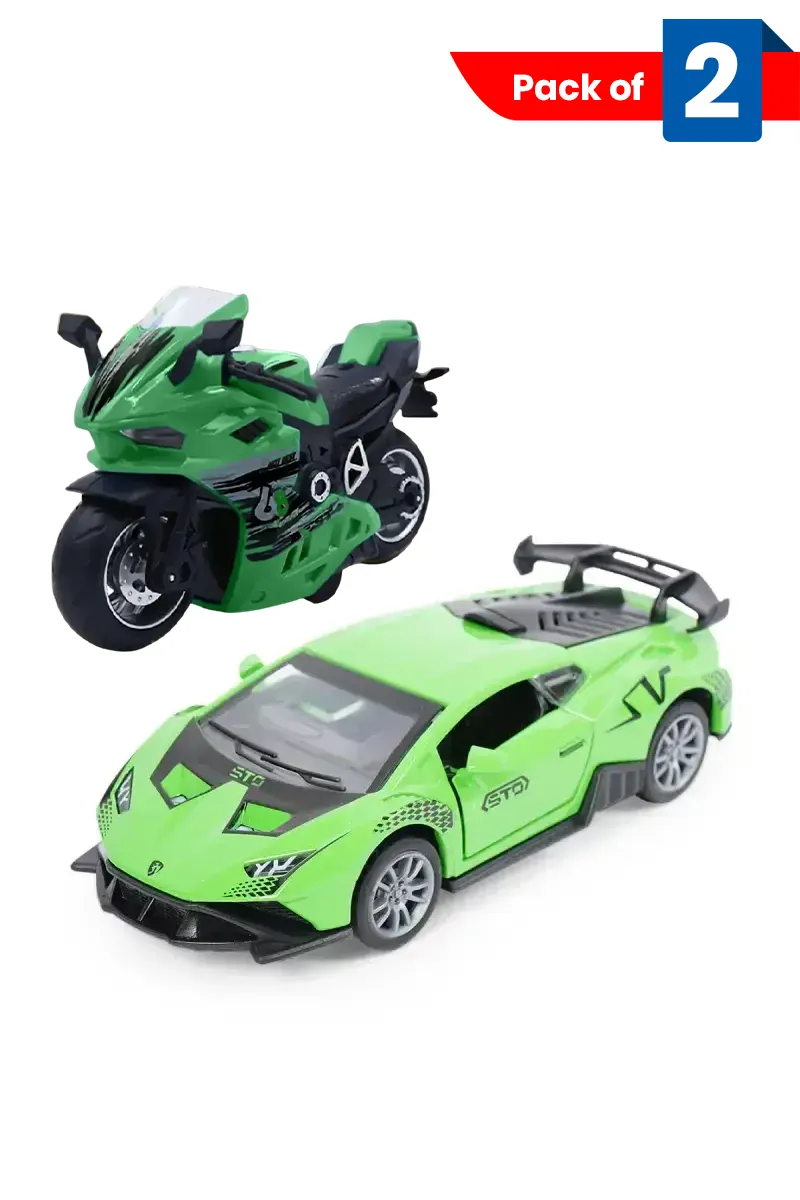 EV Bike Friction Powered Light & Sound Toy + Model World Die-Cast Car Toy Combo (Green) - Combo of 2