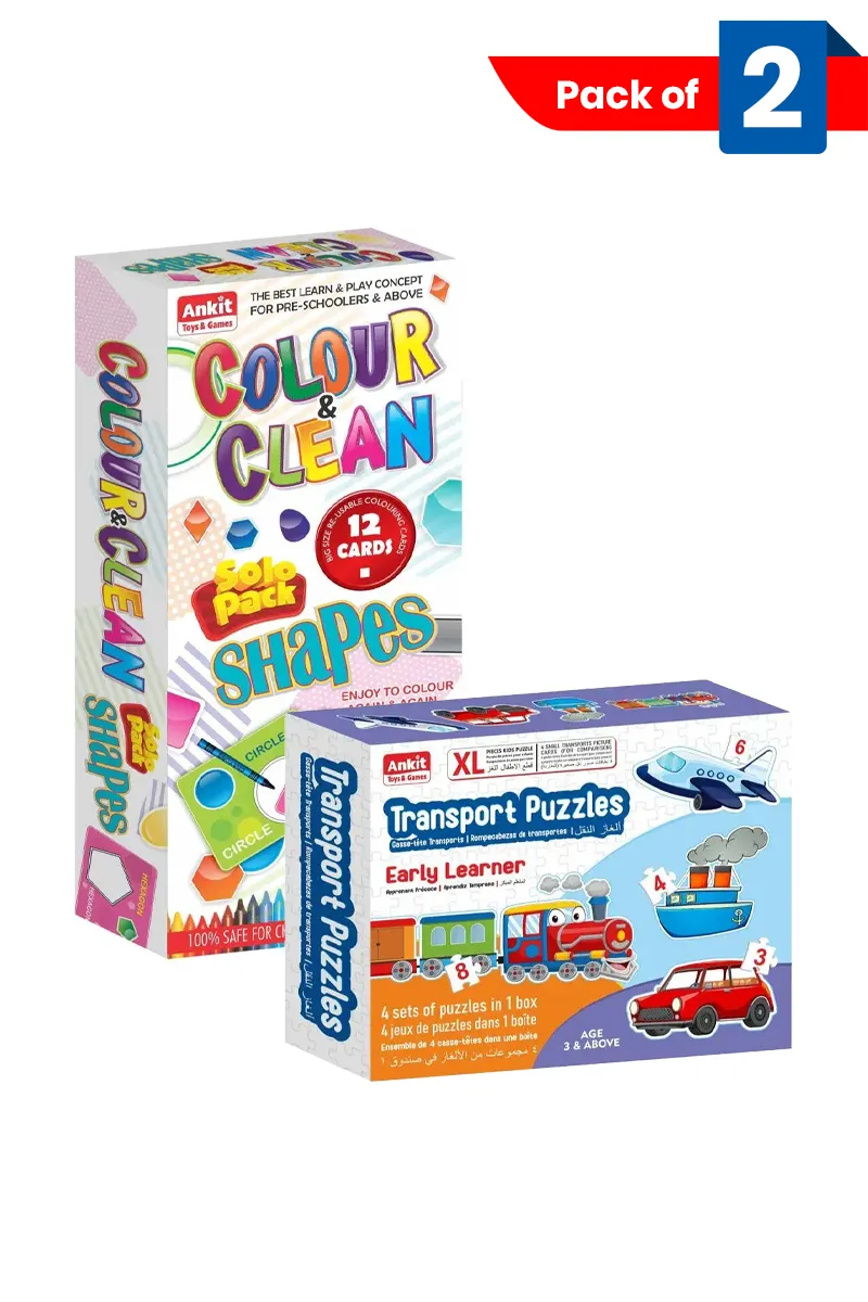 Color & Clean Shapes Cardboard Game + Transport Jigsaw Puzzles - Combo of 2