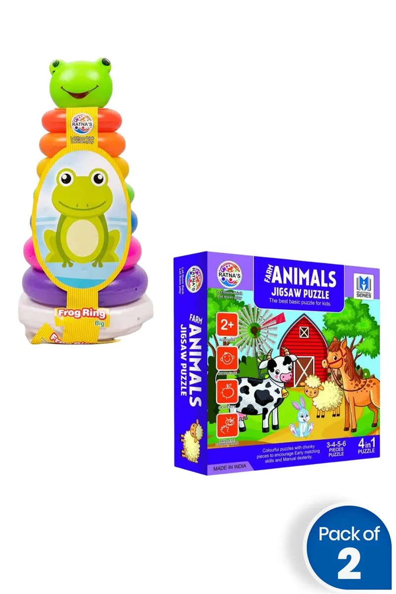 Frog Ring Big Stacking Toy with Farm Animals Jigsaw Puzzle (4 in 1) – Combo of 2