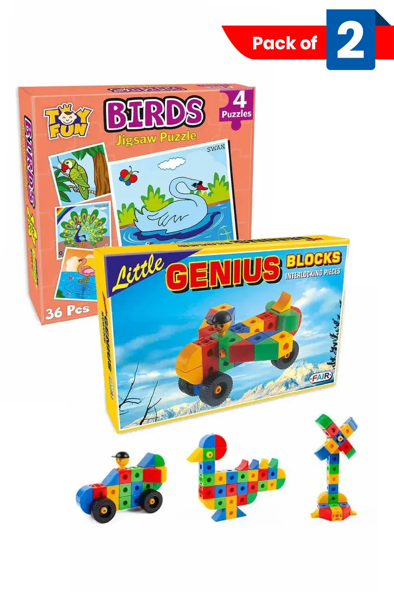Birds Jigsaw Puzzle Set (Set of 4) & Little Genius Interlocking Building Blocks (61 Pieces) - Combo of 2 