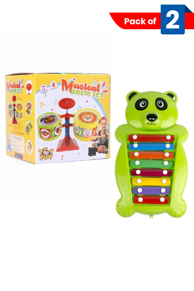 Panda Xylophone Musical & Pull Along Toy + Musical Drum Set for Kids  - Combo of 2 