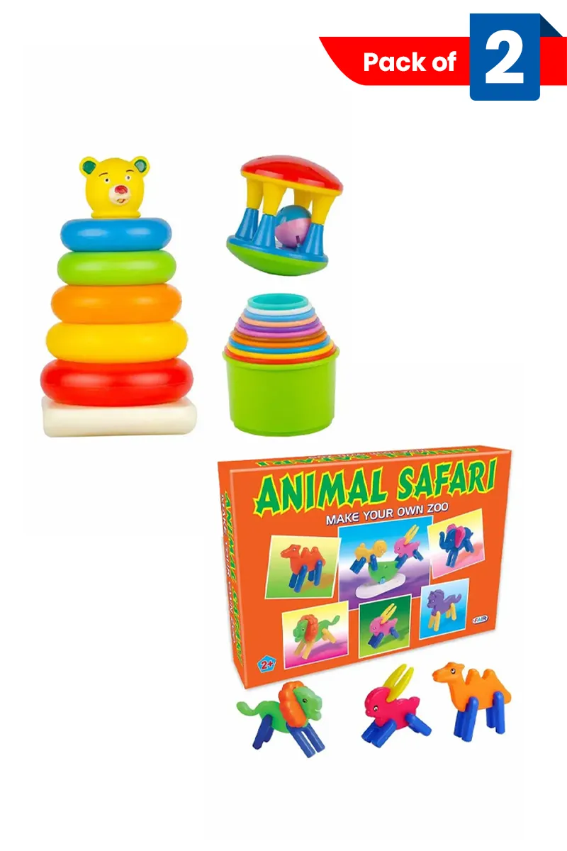 3-in-1 Baby Gift Set & Animal Safari Blocks for Kids (Set of 6) - Combo of 2