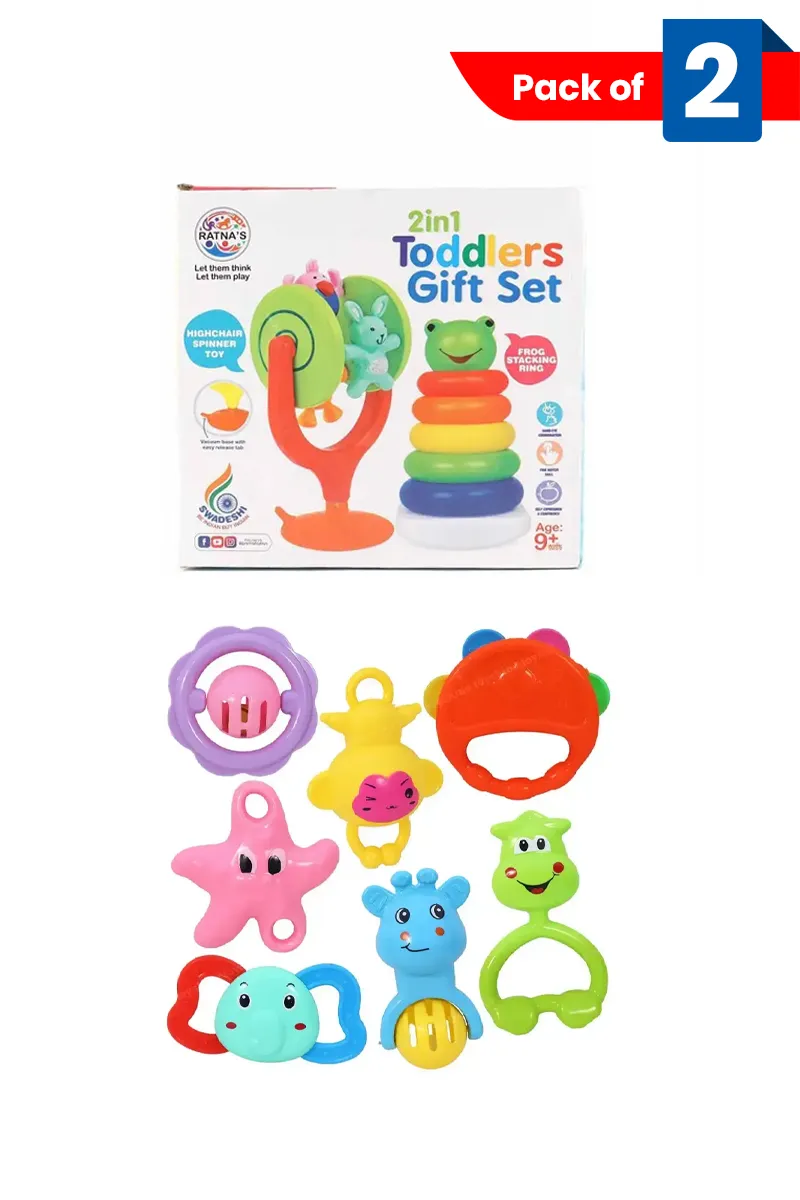 2-in-1 Toddlers Gift Set (Highchair Spinner + Stacking Rings) & 7Pcs Rattle Set with Teethers