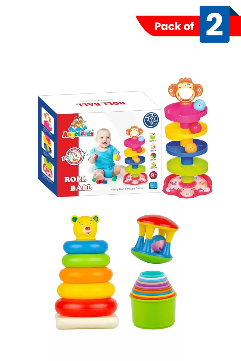 Roll Ball Baby Activity Toy & 3 in 1 Baby Gift Set (Stacking Rings, Damru Rattle, Stacking Cups) 