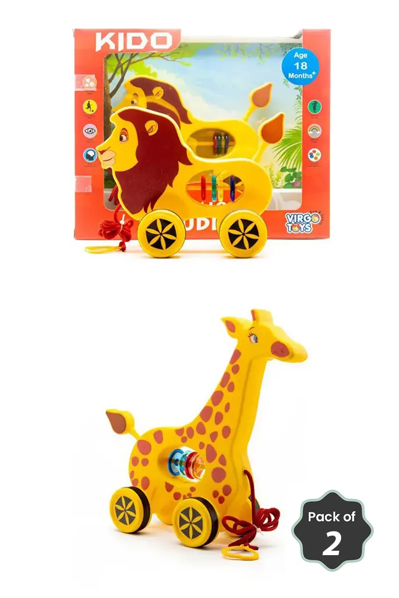 Adorable Giraffe & Lion Pull-Along Buddy Toy Combo 