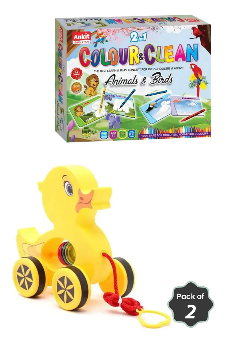 Duck Pull Toy & 2-in-1 Animals and Birds Cardboard Game Combo 