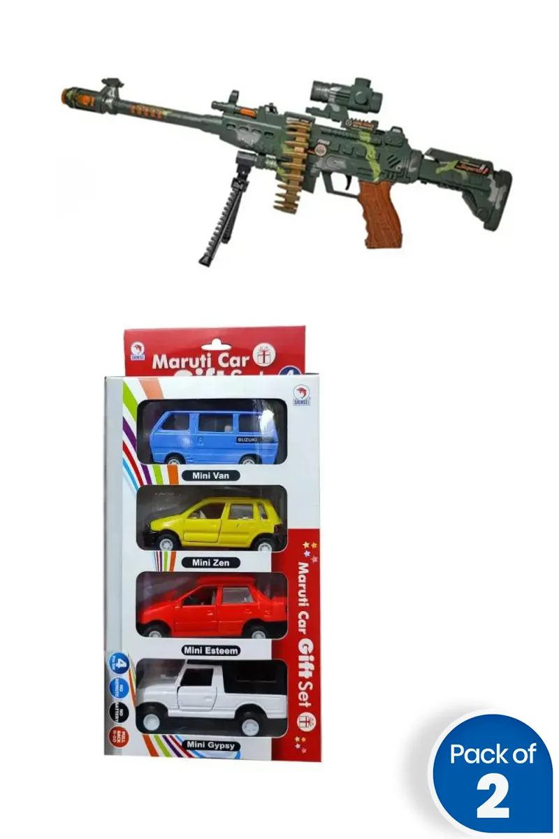 Maruti Car Set (4 Mini Cars) with Army Style Toy Gun – Combo of 2
