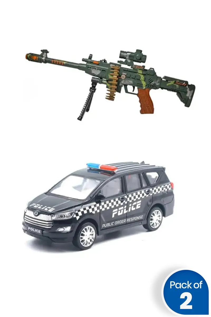 Army Style Toy Machine Gun with Police SUV Toy Car – Combo of 2