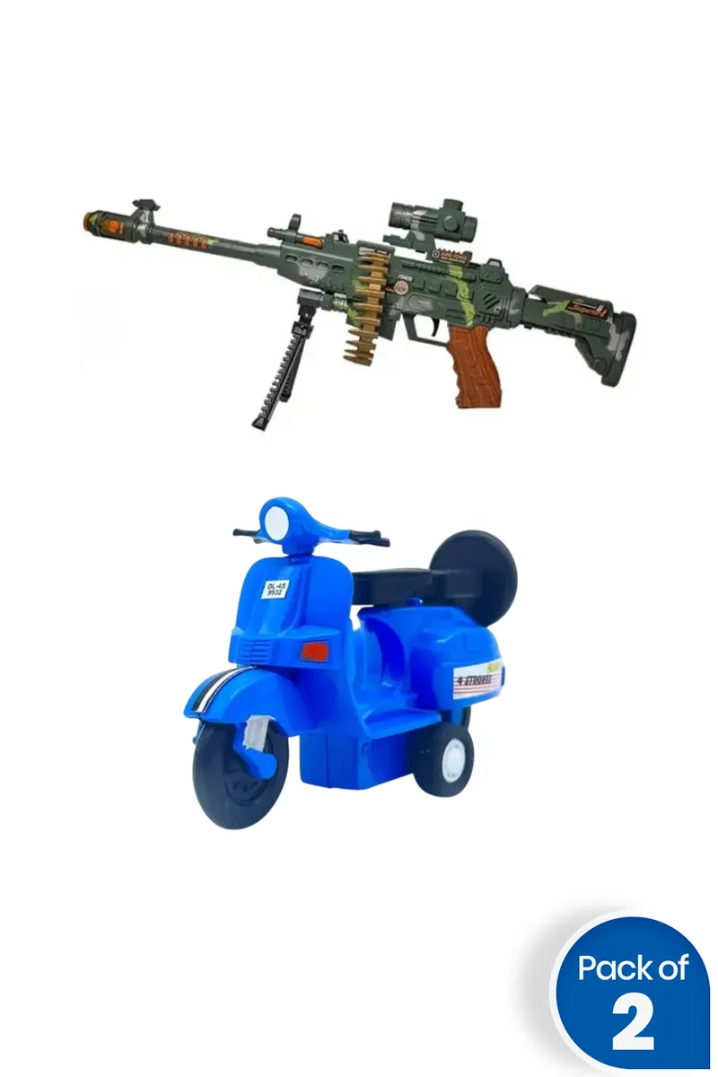 Kids Scooter Toy with Army Style Toy Machine Gun – Combo of 2