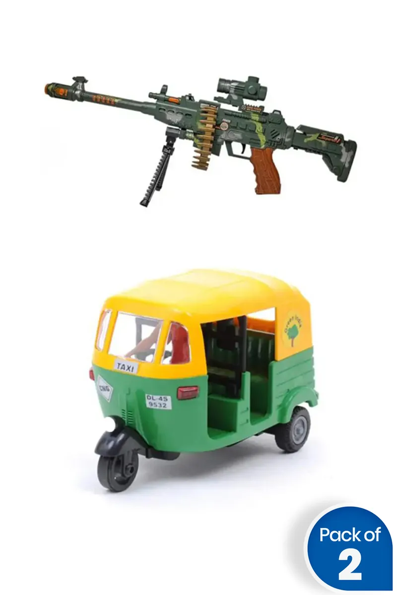 Toy Auto Rickshaw with Army Style Toy Machine Gun – Combo of 2